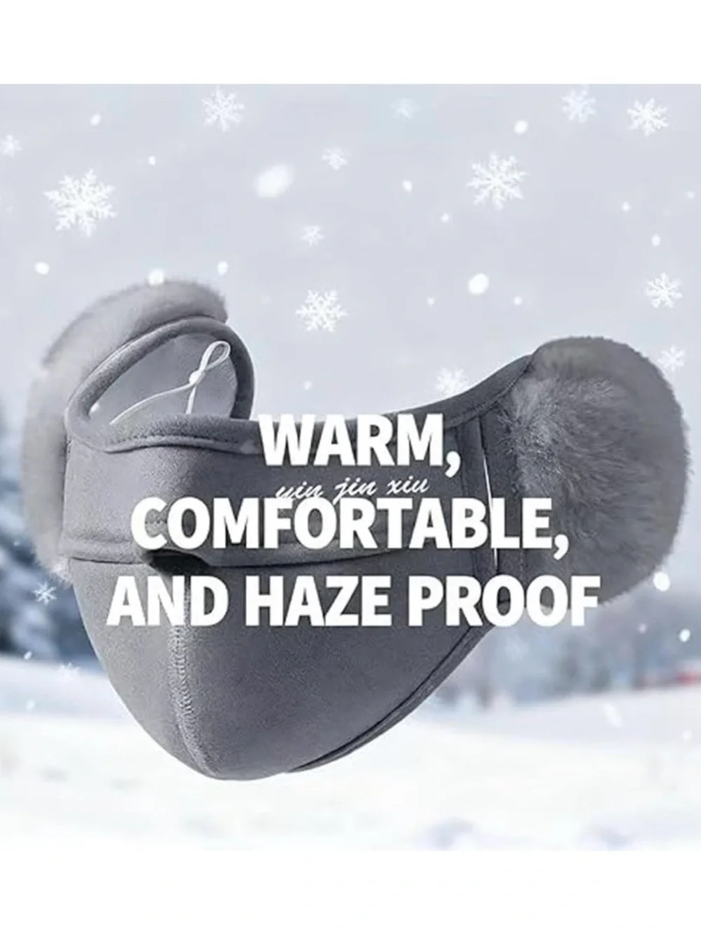 💞 New Gray Fleece Ear Warmer Face Mask with Fur Ear Pads for Winter Sports